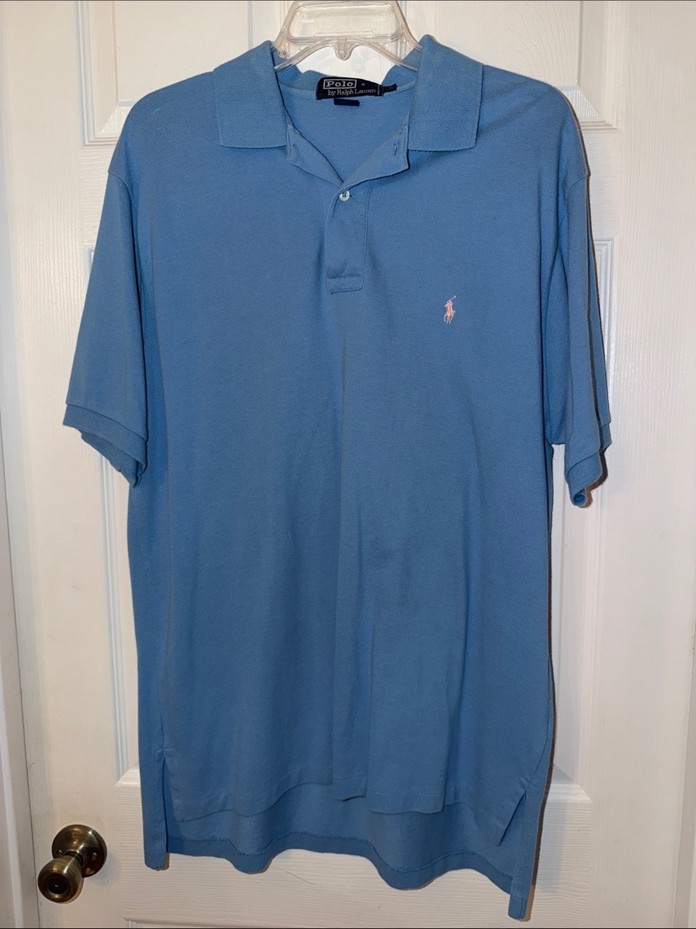 Men’s Ralph Lauren Chaps Polo shirt, size Large, Light blue, pink logo